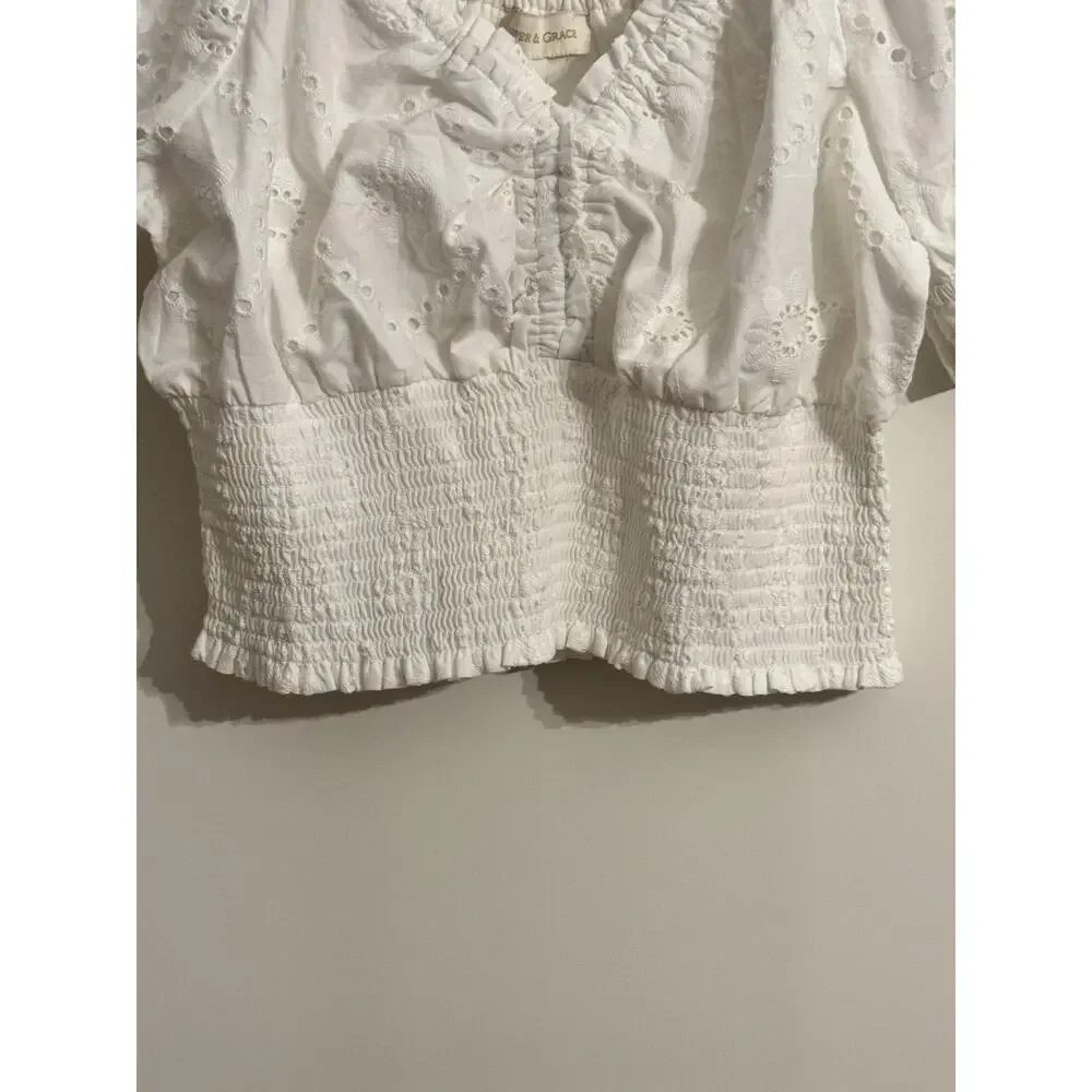 Jennifer & Grace Blouse Sz L White Eyelet Cropped Puff Sleeve Top Coquette - Picture 2 of 8